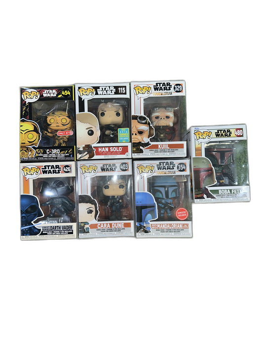 New Lot Of 7 Funko Pop Star Wars C3Po Han Boba Mandalorian Vader