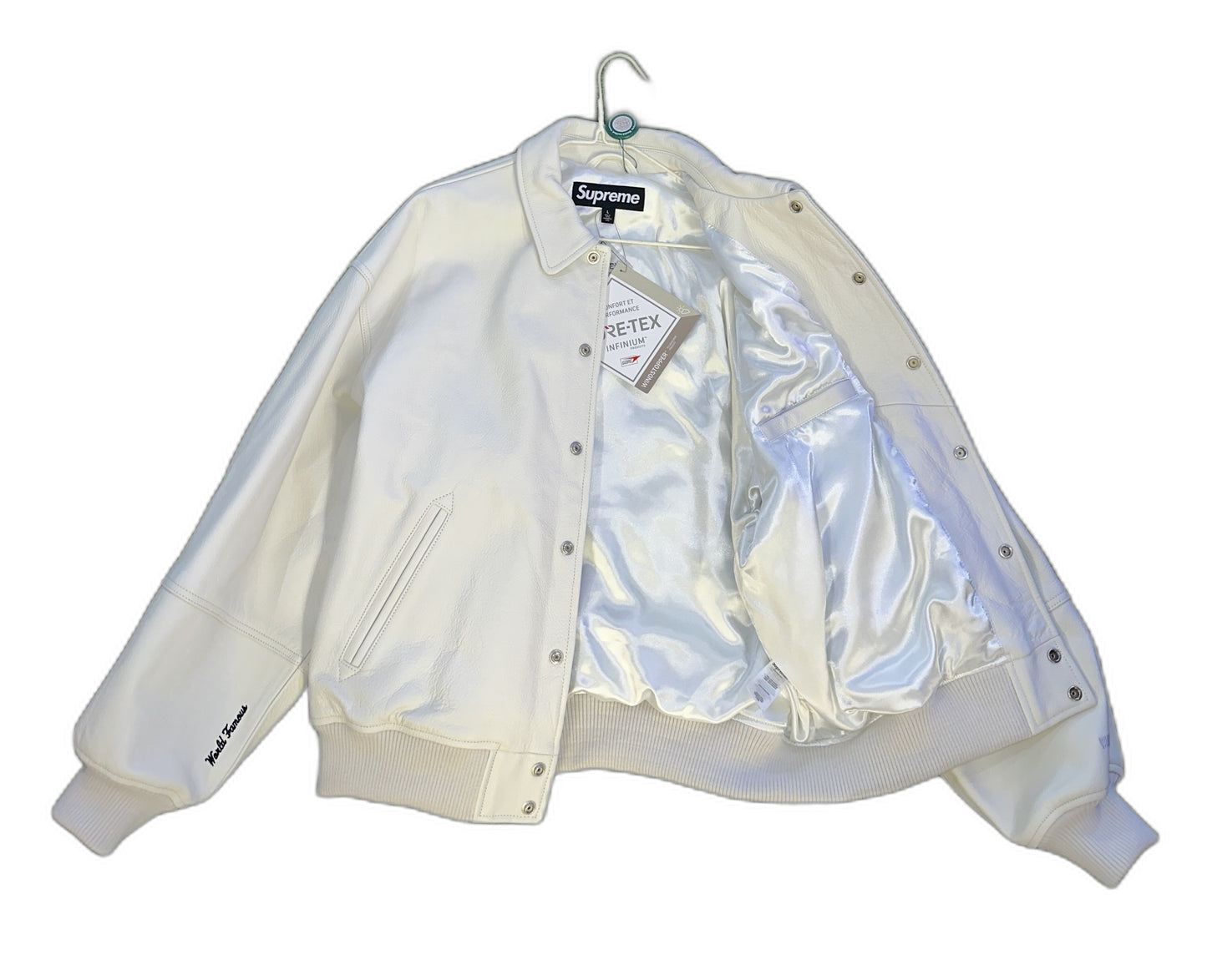 New Supreme Gore-Tex Infinium Windstopper Leather Varsity Jacket Size L Mens